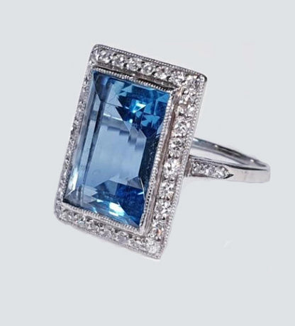 Art Deco 7ct Aquamarine and Diamond Cluster Dress Ring