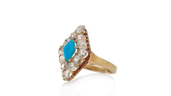 Antique Victorian Turquoise and Diamond Cluster Ring, Circa 1870s