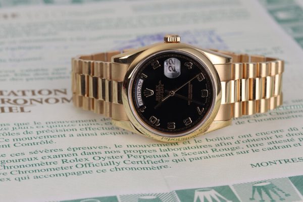 Rolex Day Date 118205 18ct Rose Gold 36mm Automatic Watch, on 18ct rose gold President bracelet with 18ct rose gold Crown clasp, with Rolex box and papers