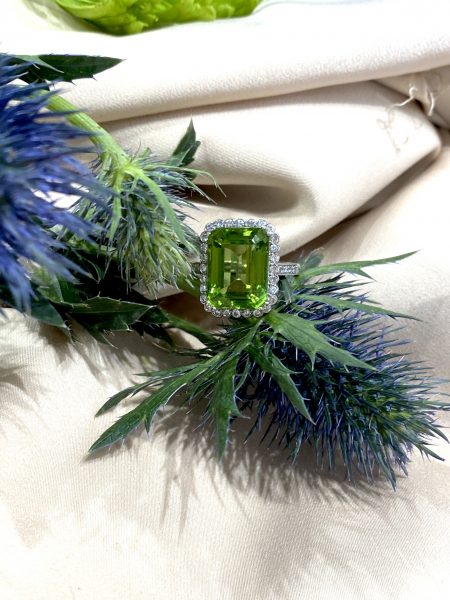 8.9ct Peridot and Diamond Cluster Ring in Platinum