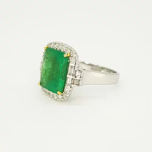 4.18ct Emerald Cut Emerald and Diamond Cluster Ring in 18ct White Gold