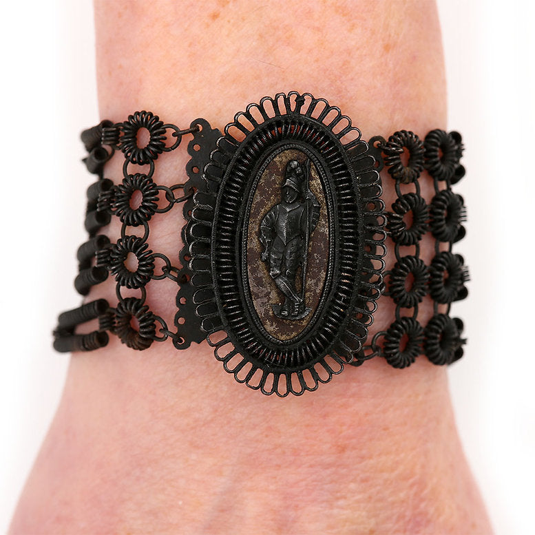 Antique Georgian Berlin Iron Work Bracelet, rare 19th century Berlin cast iron work bracelet with central knight cameo panel masterfully crafted around 1820