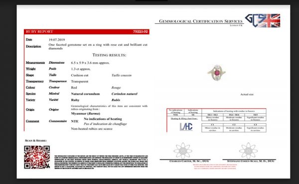 Vintage 1.30ct Natural Burma Ruby and Diamond Ring, rose-cut diamond halo, rose-cut diamond set shoulders, with GCS certificate.
