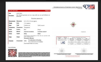 Vintage 1.30ct Natural Burma Ruby and Diamond Ring, rose-cut diamond halo, rose-cut diamond set shoulders, with GCS certificate.