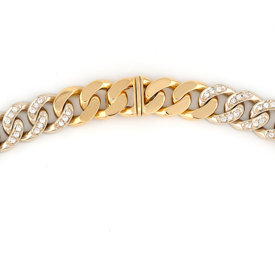 Vintage Italian 1940s Retro Diamond Set Gold and Platinum Curb Link Necklace with Fleur de Lys, 13.30 carat total