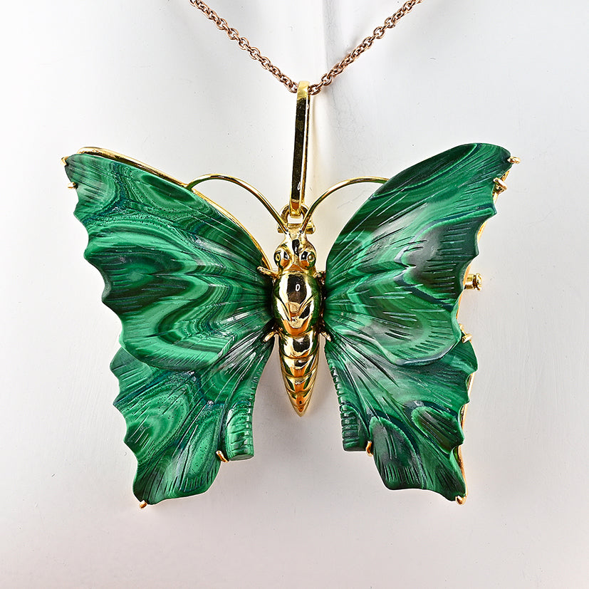 Vintage Carved Malachite Butterfly Pendant Brooch 18ct Yellow Gold