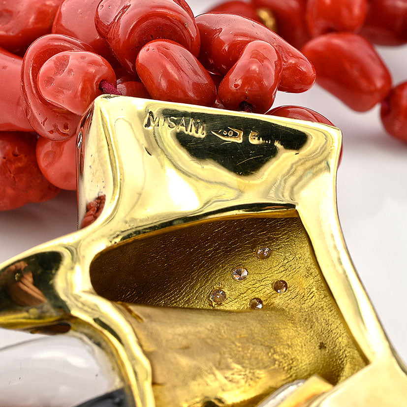 Misani Milano Natural Red Sardinia Coral Necklace, 6 intertwined strands of natural Italian Red Sardinia coral with 18ct yellow gold clasp set with diamonds, mabe pearl, black onyx and rock crystal, Circa 1980