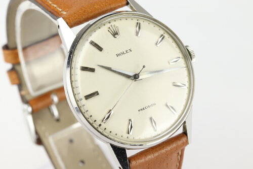 Rolex Precision Rare Vintage 9022 Men's Watch; 35mm stainless steel case, vintage white dial, seconds hand, acrylic crystal, manual wind, Circa 1940s-1950s