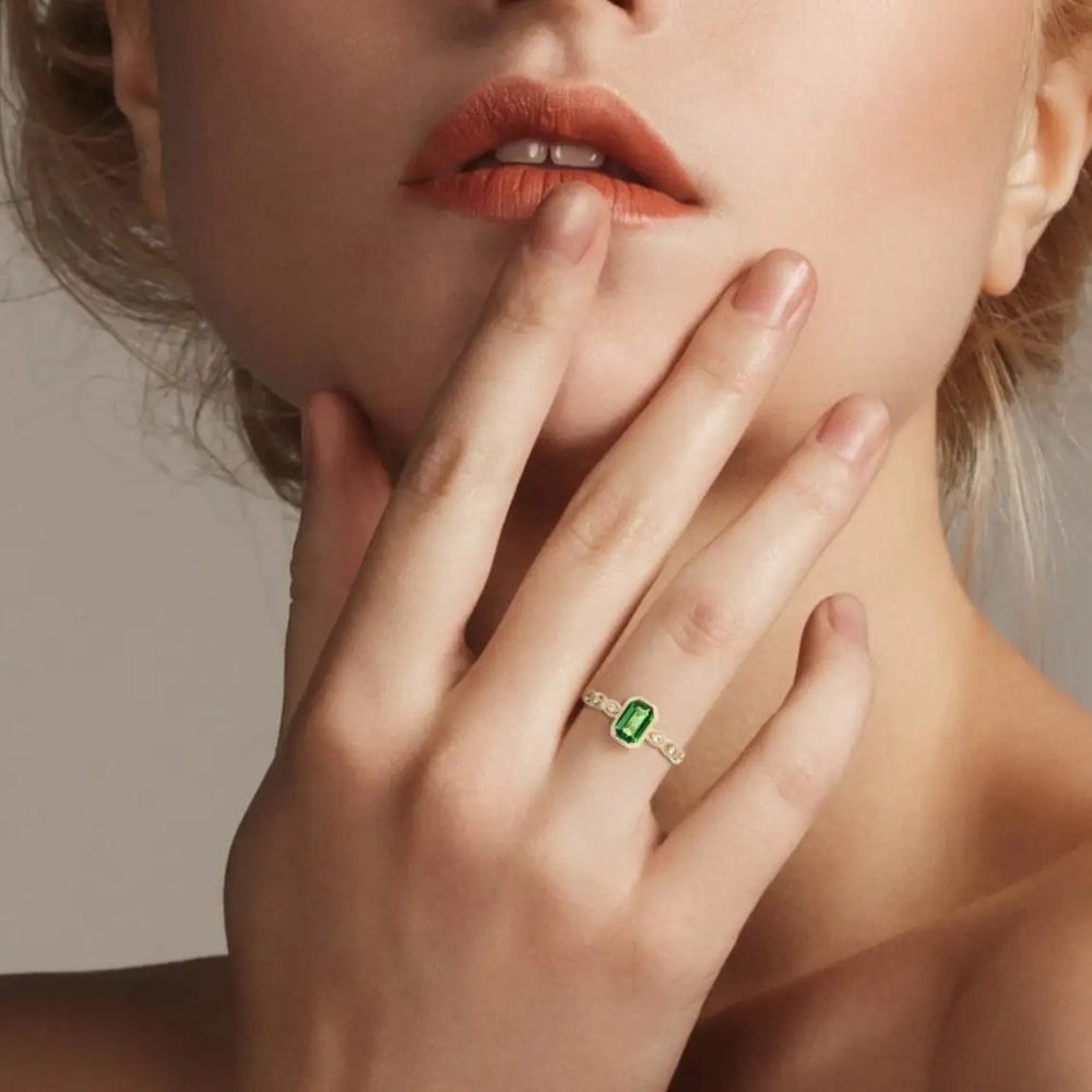 Emerald Cut Tsavorite and Diamond Engagement Ring