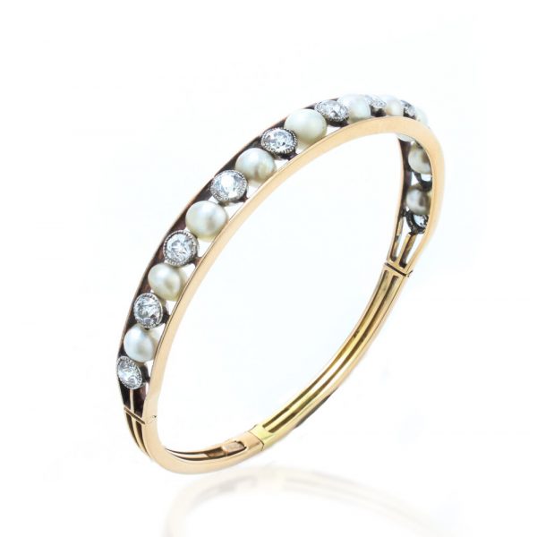 Antique Edwardian Natural Pearl and Old Cut Diamond Bangle Bracelet