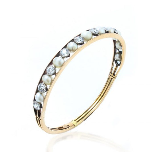 Antique Edwardian Natural Pearl and Old Cut Diamond Bangle Bracelet