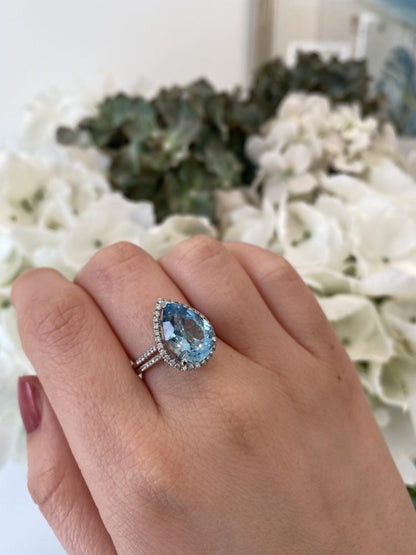 4.77ct Aquamarine and Diamond Pear Shaped Cluster Cocktail Ring