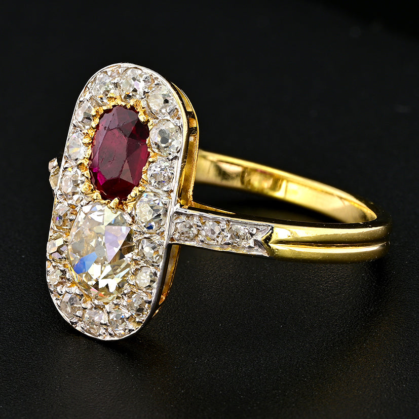 Edwardian Antique Natural No Heat Ruby and Old Mine Cut Diamond Two Stone Cluster Plaque Ring in Platinum and 18ct Yellow Gold