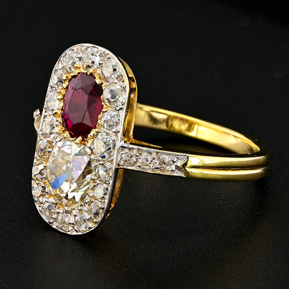 Edwardian Antique Natural No Heat Ruby and Old Mine Cut Diamond Two Stone Cluster Plaque Ring in Platinum and 18ct Yellow Gold