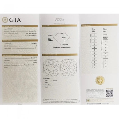 GIA Certified 2ct Cushion Old Cut Diamond Three Stone Ring, 2.87 carat total