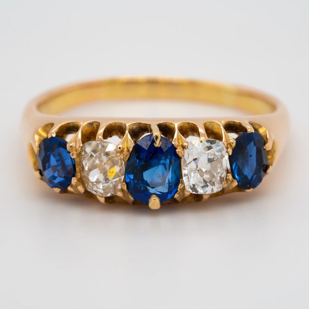 Edwardian Antique 1.50ct Cushion Cut Sapphire and Diamond Five Stone Ring