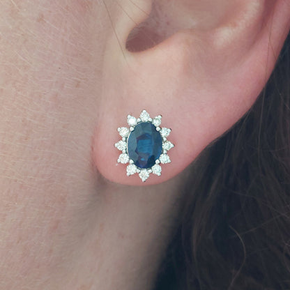 2.60ct Blue Sapphire and Diamond Oval Cluster Stud Earrings