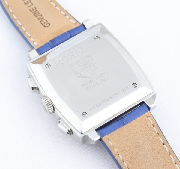 Vintage Tag Heuer Monaco Re Edition Automatic Chronograph with Blue Dial, on a blue leather strap, Circa 1990s