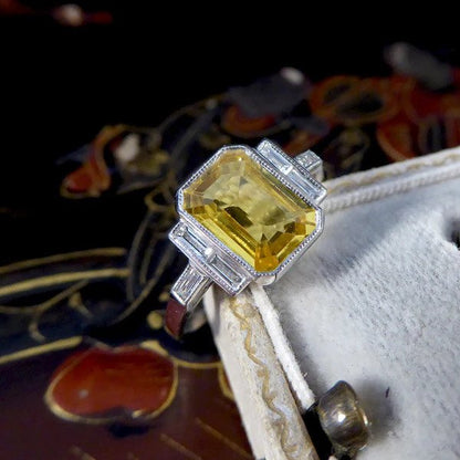 Art Deco Inspired 2.05ct Yellow Sapphire and Baguette Diamond Engagement Ring in Platinum