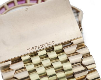 Vintage Tiffany and Co 18ct Gold Belt Buckle Style Bracelet set with rubies and diamonds. Circa 1940s.