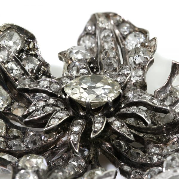 Antique Victorian Old Cut Diamond Flower Pendant, 9 carat total, in silver and 15ct gold, Circa 1840s