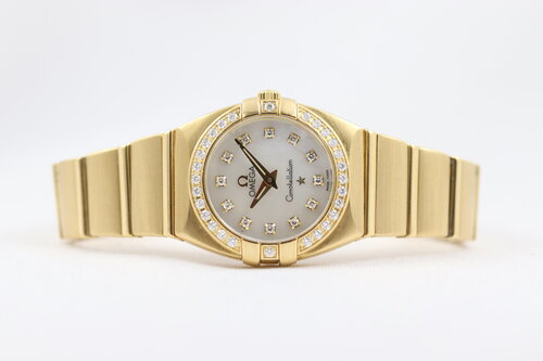 Omega Constellation Double Eagle 18ct Yellow Gold Ladies 25mm Quartz Watch, 11897500, diamond bezel and hour markers, mother of pearl dial, 18ct Gold bracelet strap with a double-fold hidden clasp, original Omega box and papers.