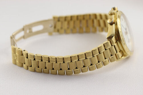 Omega Speedmaster Triple Date Moon Chronograph 18ct Yellow Gold 39mm Watch, white dial, chronograph function, weekday, month, date, moon-phase indicators, sapphire crystal, on an 18ct Yellow Gold bracelet with matching fold-over clasp, with an Omega box.