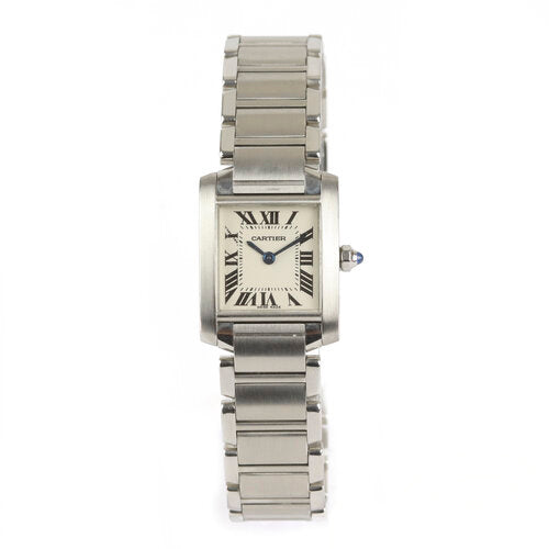 Cartier Tank Française Ladies 2384 Small Size Stainless Steel 20mm Quartz Watch, white dial, Roman numerals, blue steel hands, blue cabochon gem set crown, Cartier stainless steel bracelet with a hidden double deployant clasp.