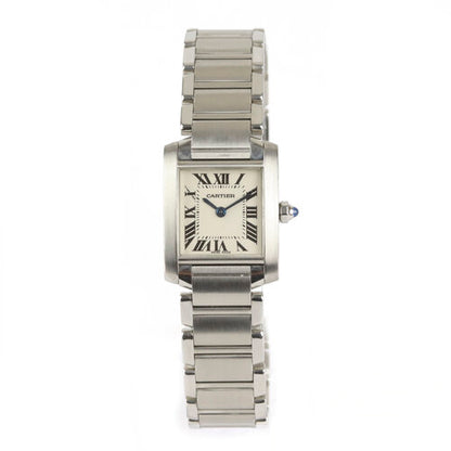Cartier Tank Française Ladies 2384 Small Size Stainless Steel 20mm Quartz Watch, white dial, Roman numerals, blue steel hands, blue cabochon gem set crown, Cartier stainless steel bracelet with a hidden double deployant clasp.