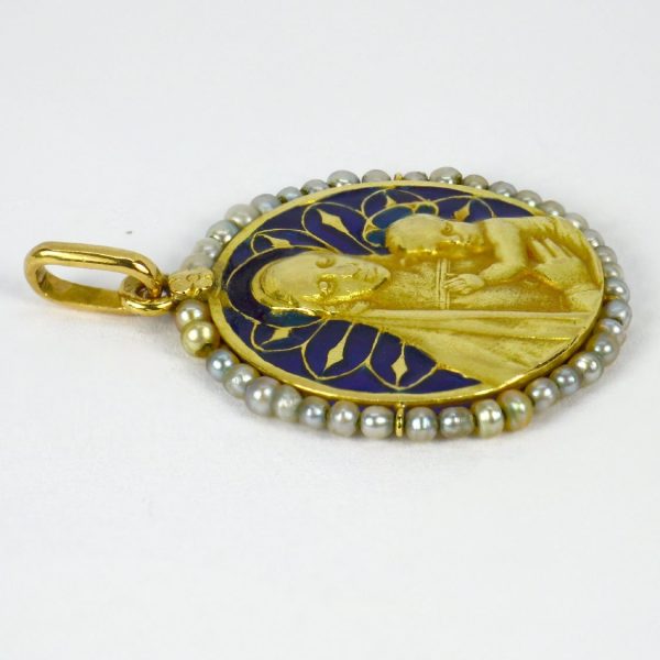 Madonna and Child 18ct Gold Pendant with Pearls and Blue Enamel
