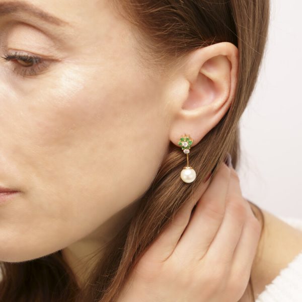 Antique Freshwater Pearl Drop Earrings with Diamonds and Emeralds