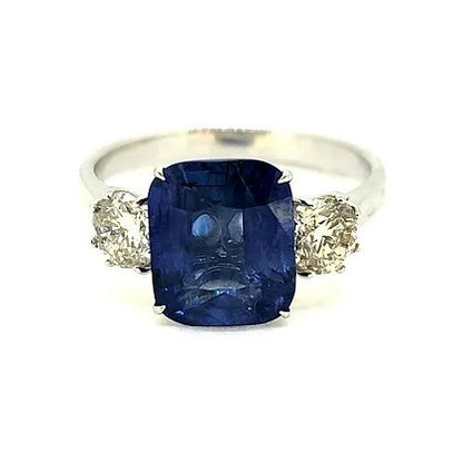 3.53ct Cushion Cut Sapphire and Diamond Three Stone Engagement Ring