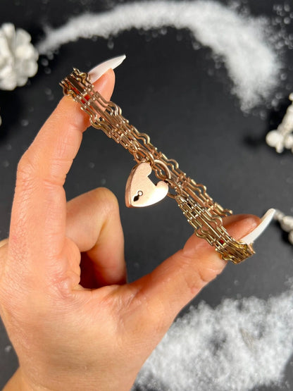 Vintage 9 ct Rose Gold, 1940's Gate Bracelet With Heart Padlock Clasp