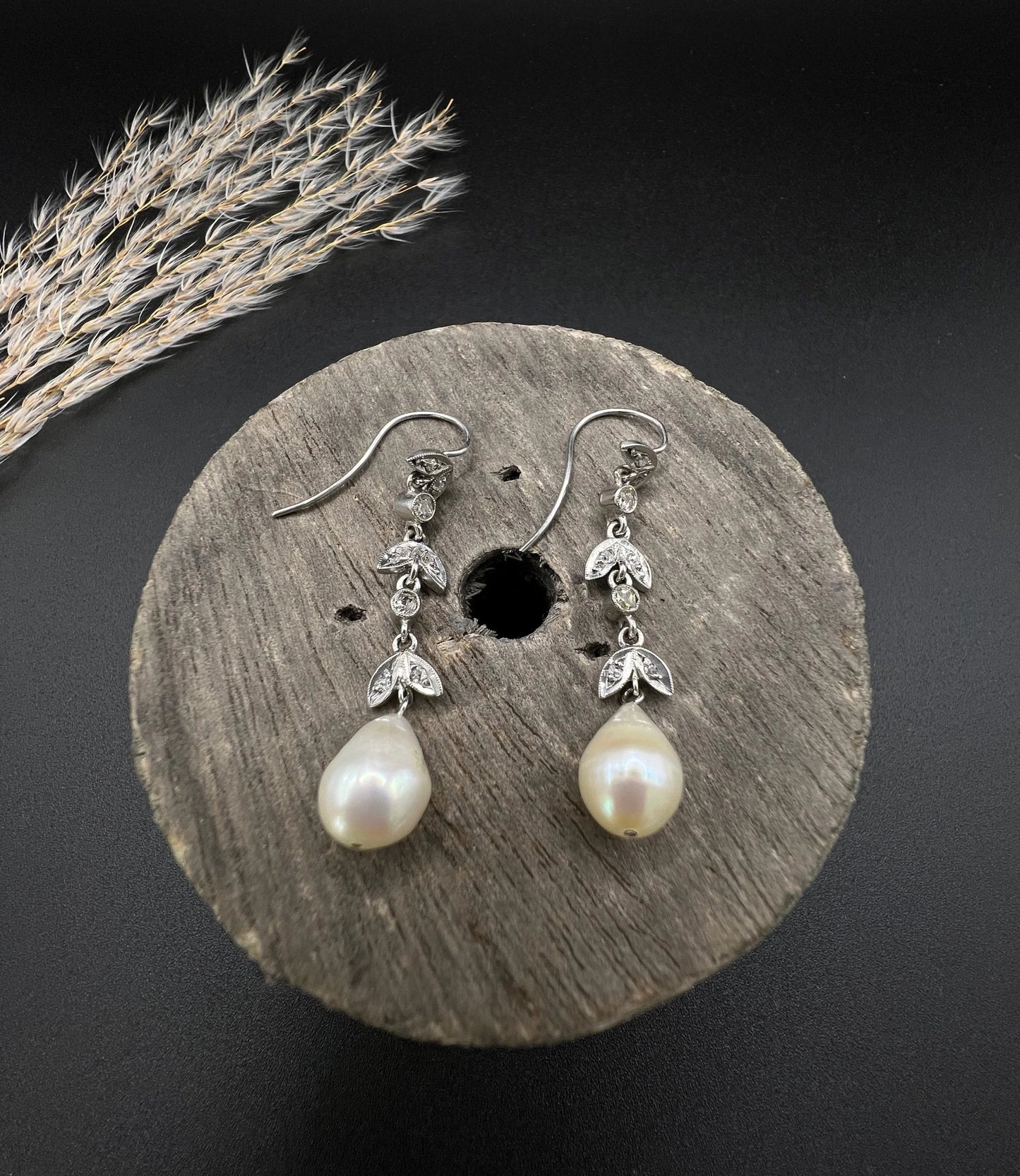 Antique 18 ct White Gold, 1920's Diamond And Pearl Drop Earrings