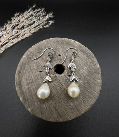 Antique 18 ct White Gold, 1920's Diamond And Pearl Drop Earrings