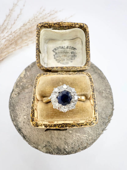 Vintage 18 ct Gold Stamped, 1960's Sapphire And Diamond Cluster Engagement Ring