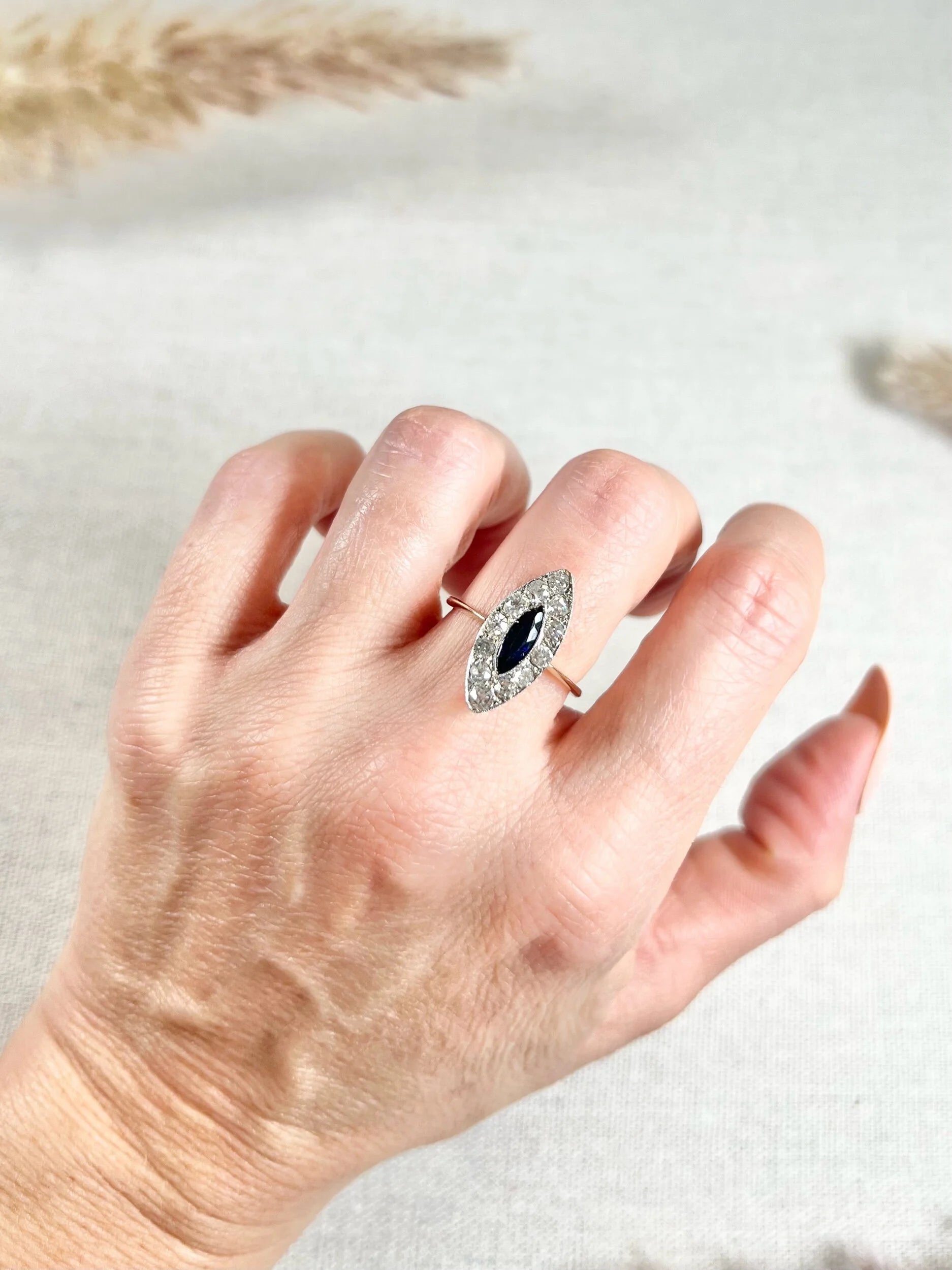 Edwardian 18 Carat Gold and Platinum Sapphire Diamond Marquise/Navette Ring