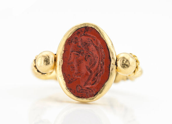 Ancient 3rd Century AD Roman Empire Jasper Good Luck Intaglio Ring, mount tests as 22ct gold, with later added shank Circa 1950s