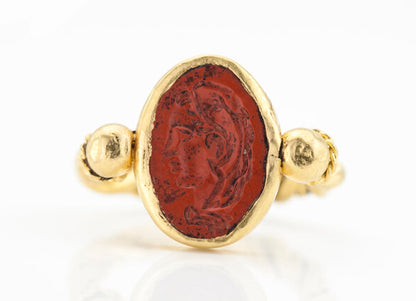 Ancient 3rd Century AD Roman Empire Jasper Good Luck Intaglio Ring, mount tests as 22ct gold, with later added shank Circa 1950s