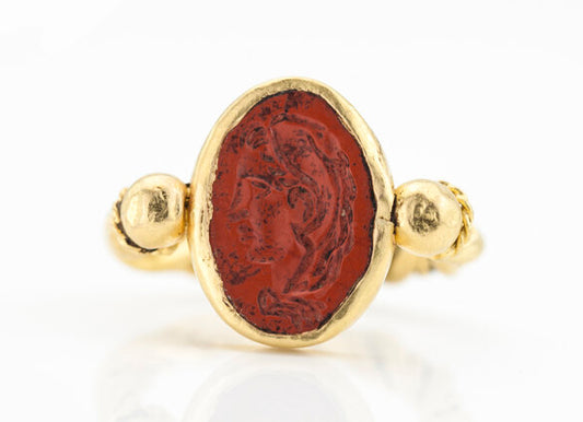Ancient 3rd Century AD Roman Empire Jasper Good Luck Intaglio Ring, mount tests as 22ct gold, with later added shank Circa 1950s