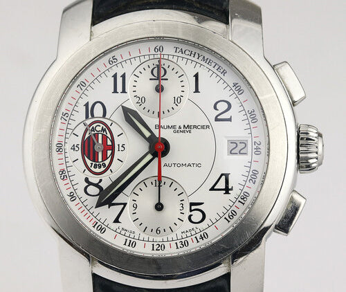Baume and Mercier AC Milan Limited Edition 38mm Stainless Steel Automatic Chronograph, on a Baume & Mercier black leather strap with steel deployment buckle