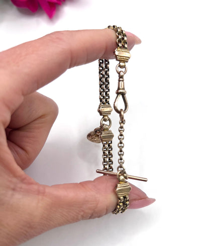 Antique 9 ct Gold, Victorian Belcher Link Heart And T-bar Albertina Bracelet