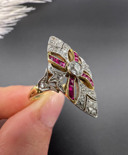 Antique Edwardian Ruby Diamond Marquise Navette Shaped Ring in 18ct Gold & Platinum