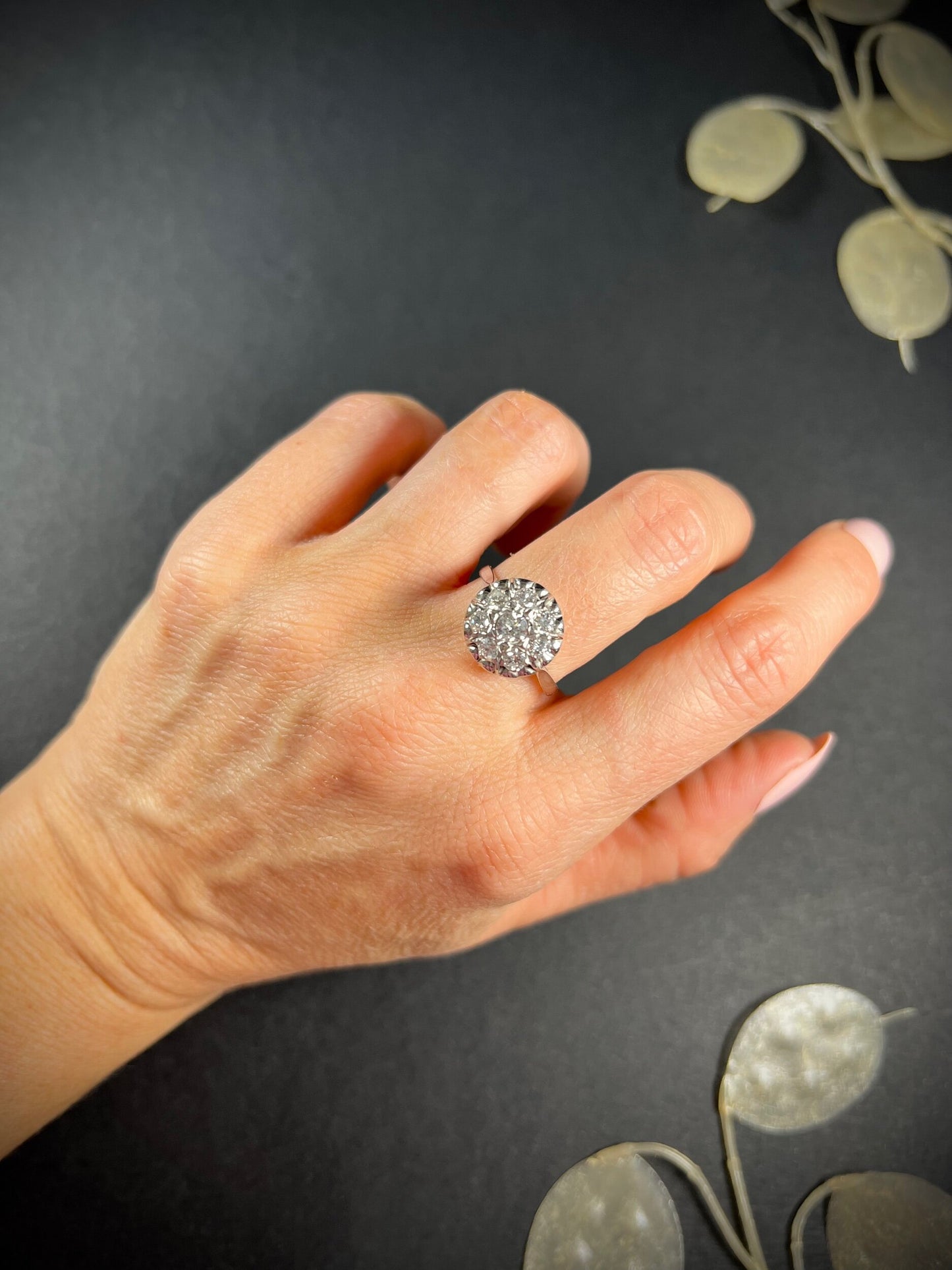 Antique French 18 Carat White Gold Round Diamond Cluster Ring, Circa 1920