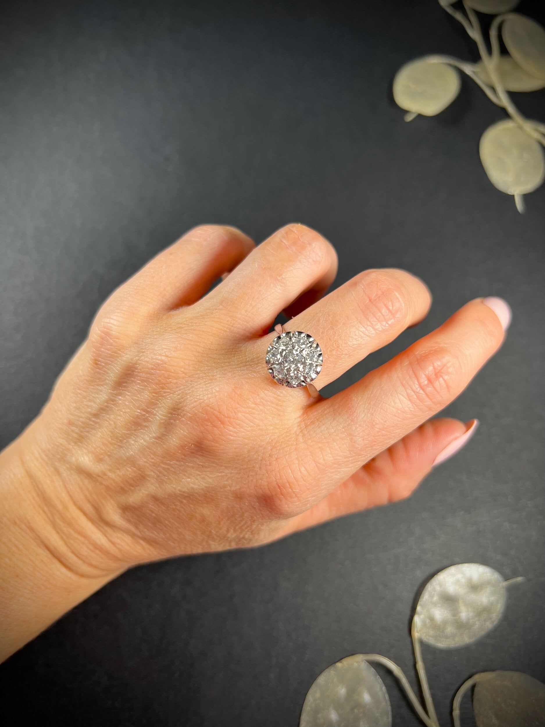 Antique French 18 Carat White Gold Round Diamond Cluster Ring, Circa 1920