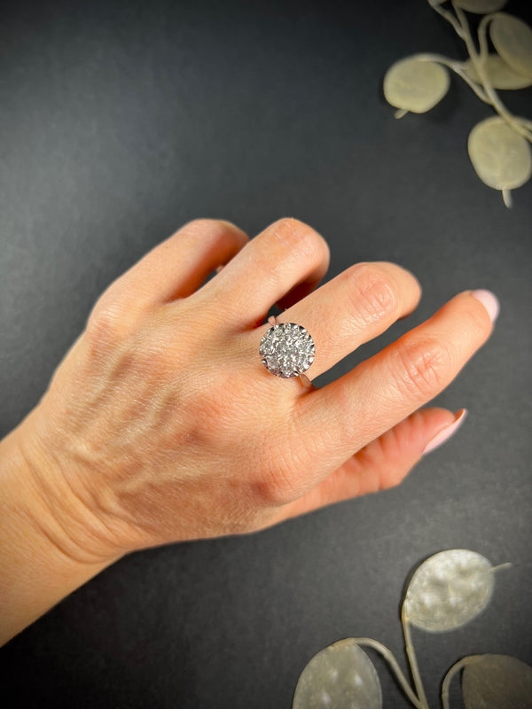 Antique French 18 Carat White Gold Round Diamond Cluster Ring, Circa 1920