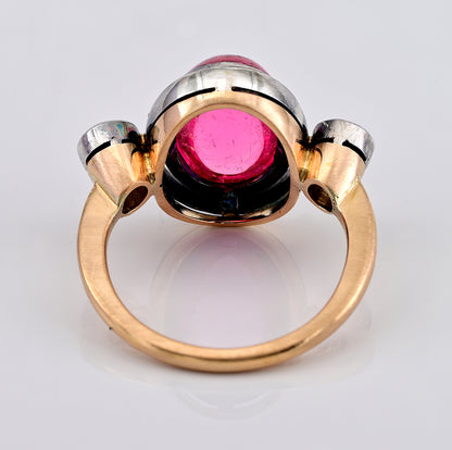 Antique 6ct Cabochon Natural Pink Tourmaline and Old Mine Cut Diamond Trilogy Three Stone Engagement Ring