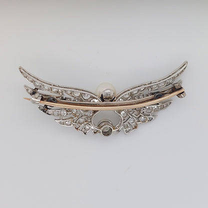 Antique Certified Natural Pearl and Diamond Wing Brooch