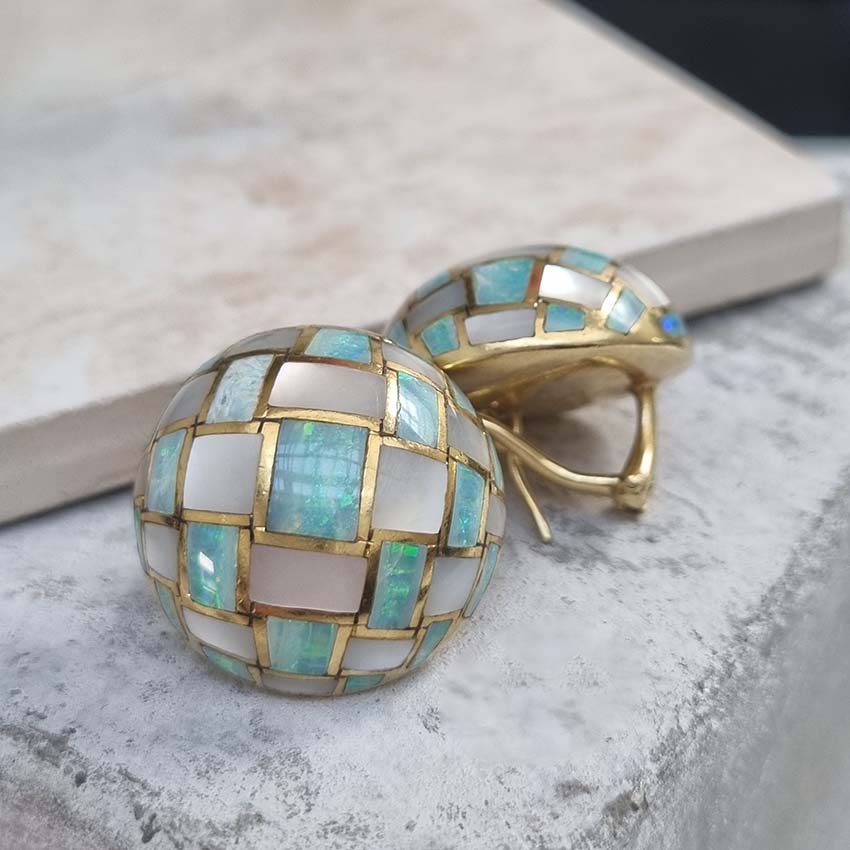 Tiffany and Co Opal and Mother of Pearl Set 18ct Yellow Gold Domed Disc Earrings with post and clip fittings
