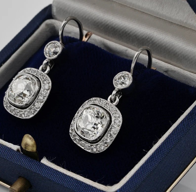 Vintage Estate Old Mine Cut Diamond Drop Earrings, 4.25 carat total